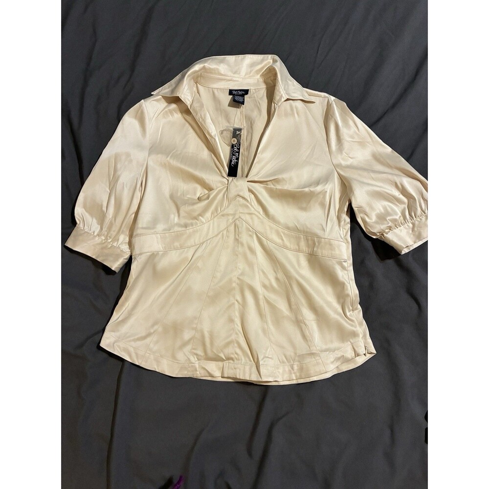 NWT Bob Mackie Studio Womens Empire Shirt Blouse Beige  Career Stretch-Sz Medium
